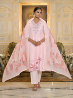 Vaasva Women's Pink Linen Suit Set With Printed Dupatta