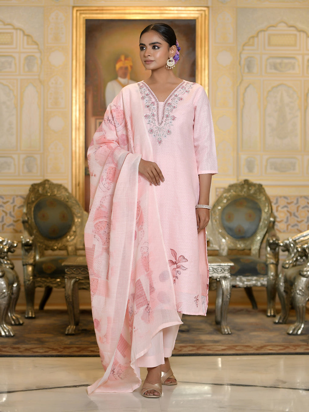 Vaasva Women's Pink Linen Suit Set With Printed Dupatta