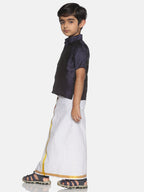 Sethukrishna Boys Navy Blue & White Solid Shirt and Veshti Set
