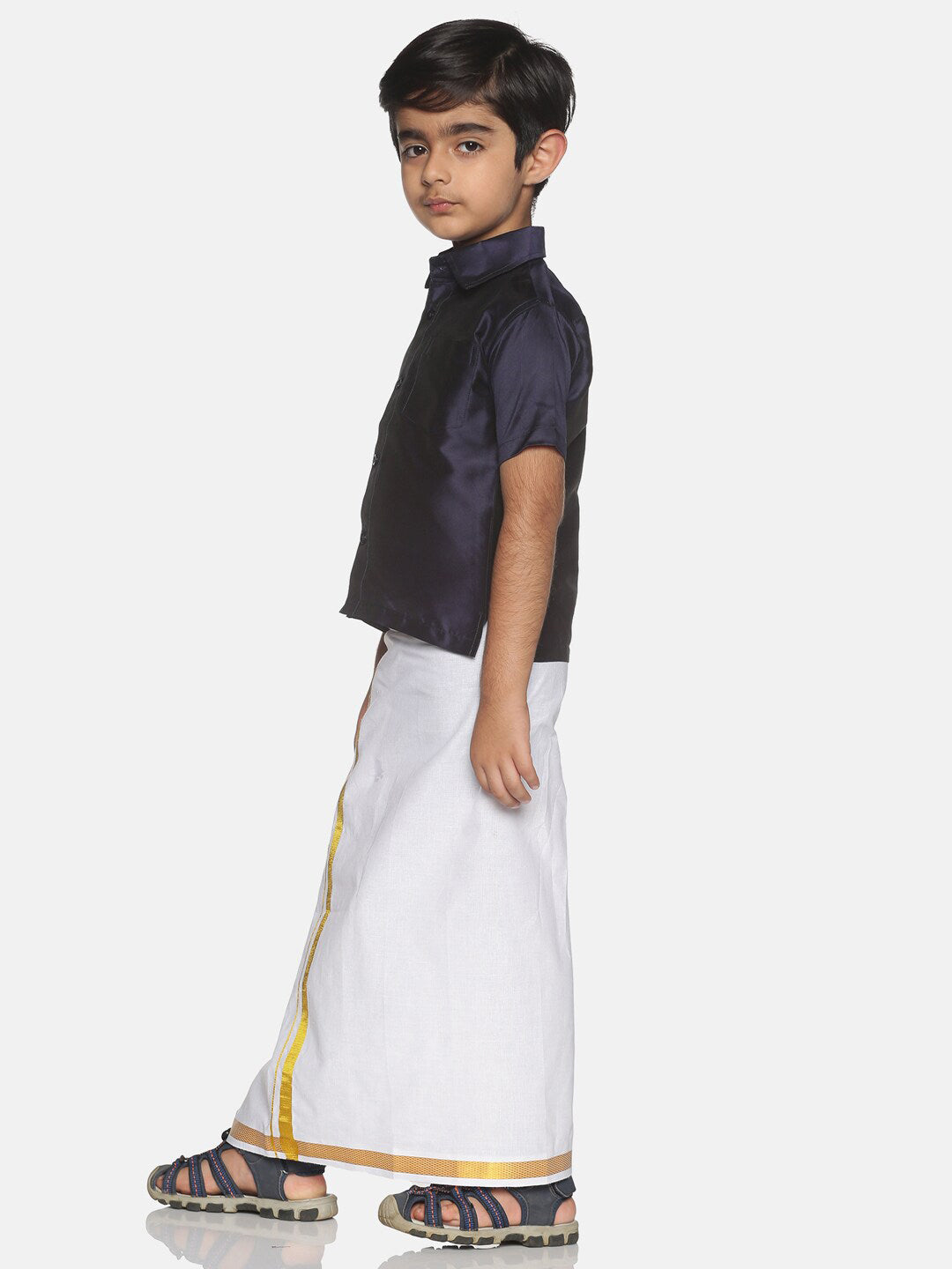 Sethukrishna Boys Navy Blue & White Solid Shirt and Veshti Set