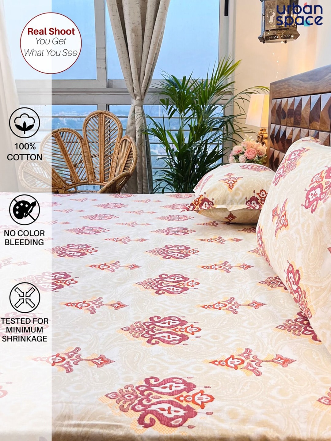 URBAN SPACE Divine White Ethnic Motifs 144 TC Cotton Queen Bedsheet & 2 Pillow Covers