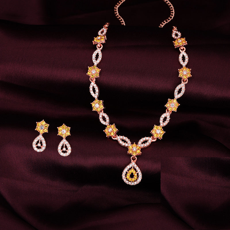 Tehzeeb Creations Elegant Yellow Polished American Diamond (Ad) Studded Necklace And Earring Set For Women