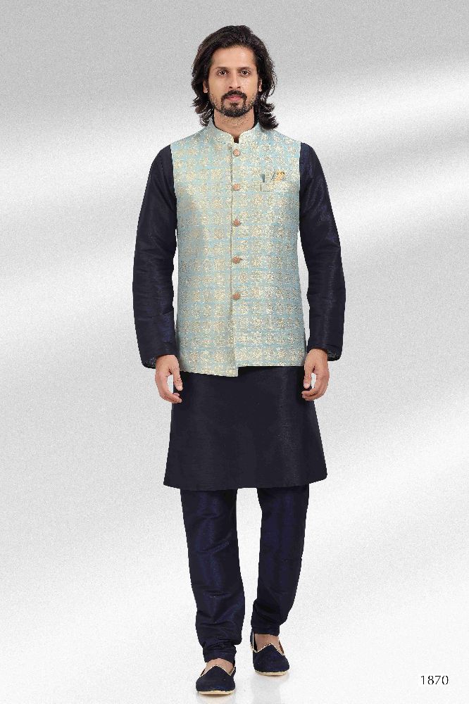 Raivat Ethnic Jacquard Banarasi Silk Woven Work 3 Pics Jacket Set In Blue Colour