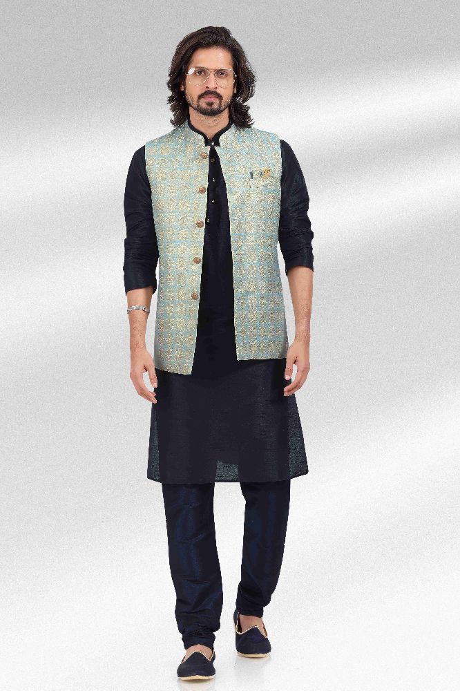 Raivat Ethnic Jacquard Banarasi Silk Woven Work 3 Pics Jacket Set In Blue Colour