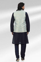 Raivat Ethnic Jacquard Banarasi Silk Woven Work 3 Pics Jacket Set In Blue Colour