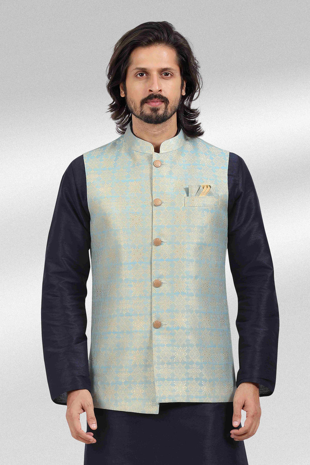 Raivat Ethnic Jacquard Banarasi Silk Woven Work 3 Pics Jacket Set In Blue Colour