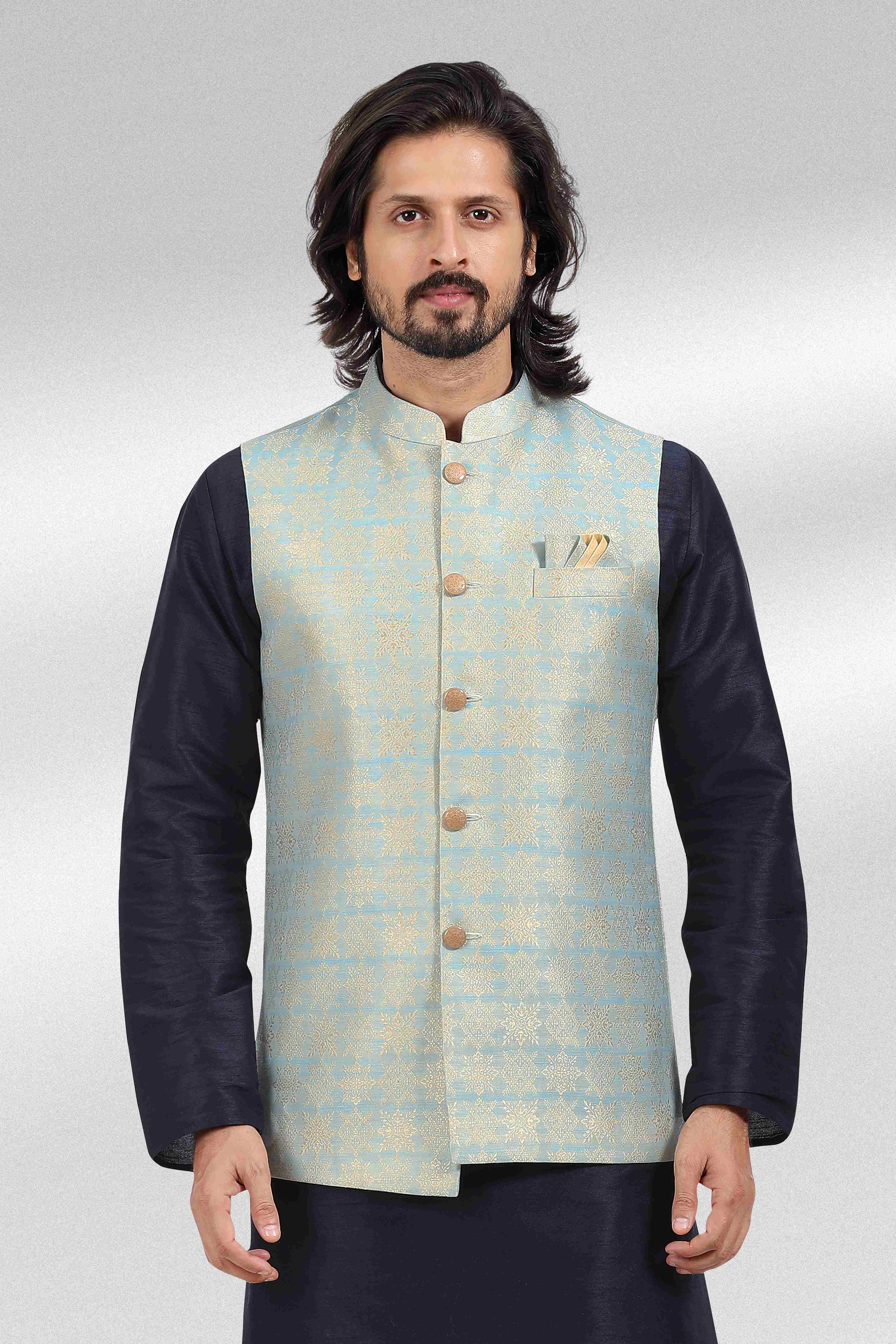 Raivat Ethnic Jacquard Banarasi Silk Woven Work 3 Pics Jacket Set In Blue Colour