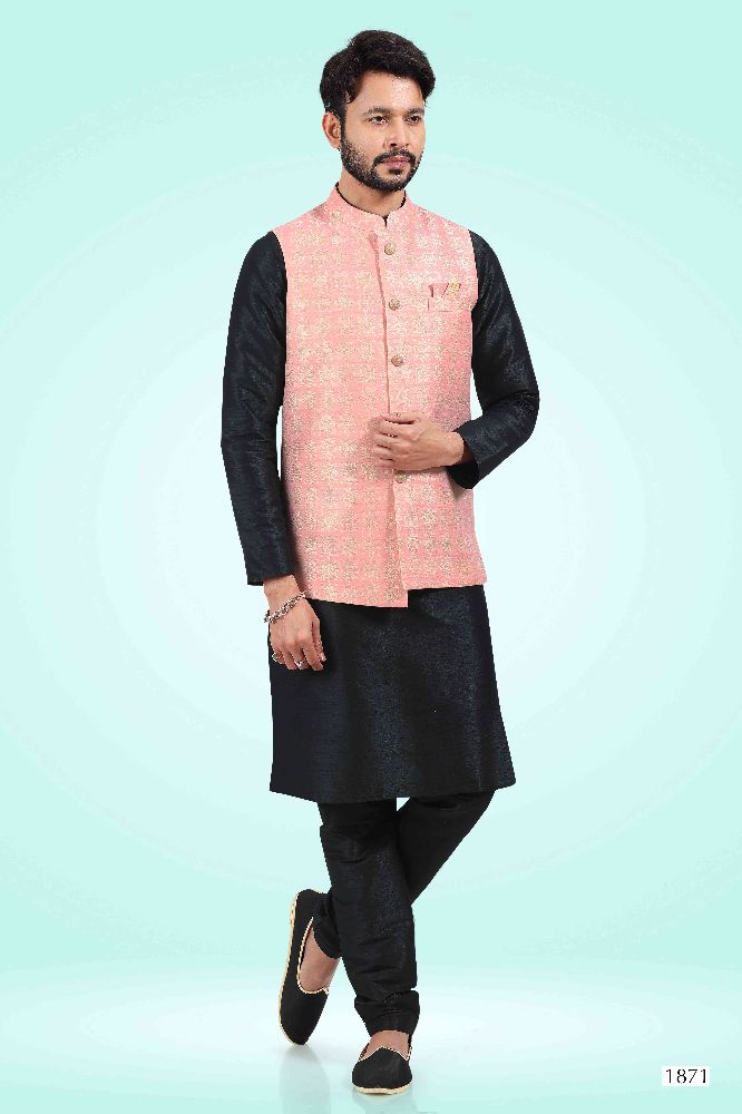 Raivat Ethnic Jacquard Banarasi Silk Woven Work 3 Pics Jacket Set In Pink Colour