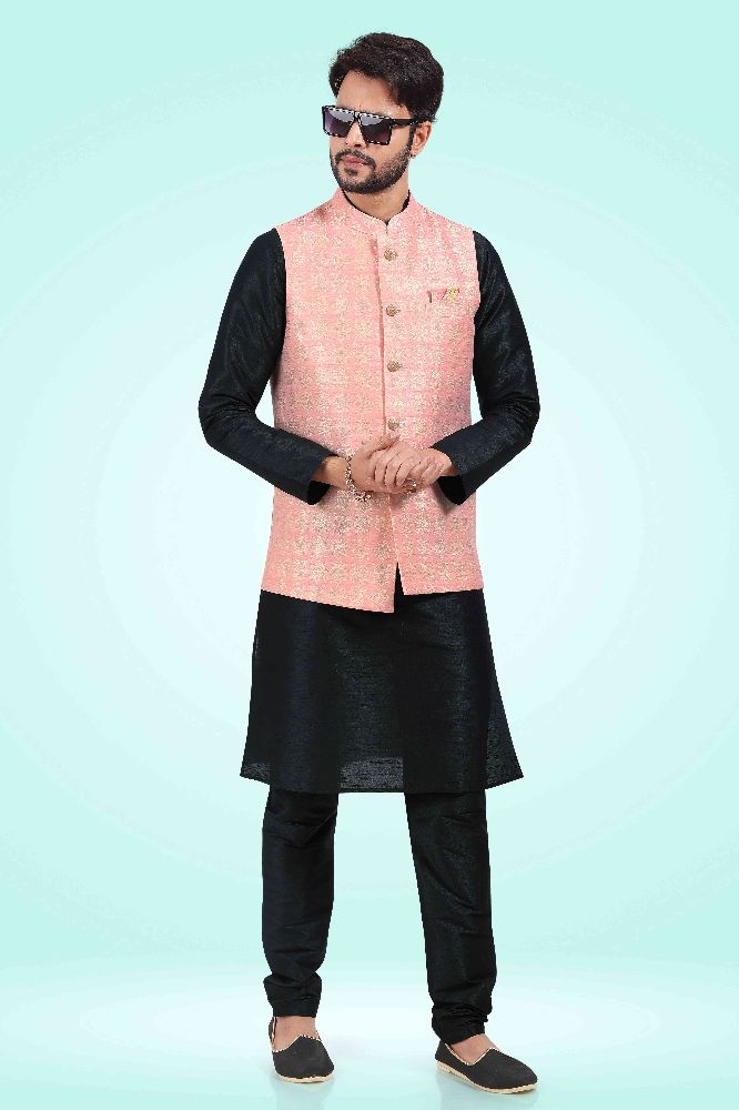 Raivat Ethnic Jacquard Banarasi Silk Woven Work 3 Pics Jacket Set In Pink Colour
