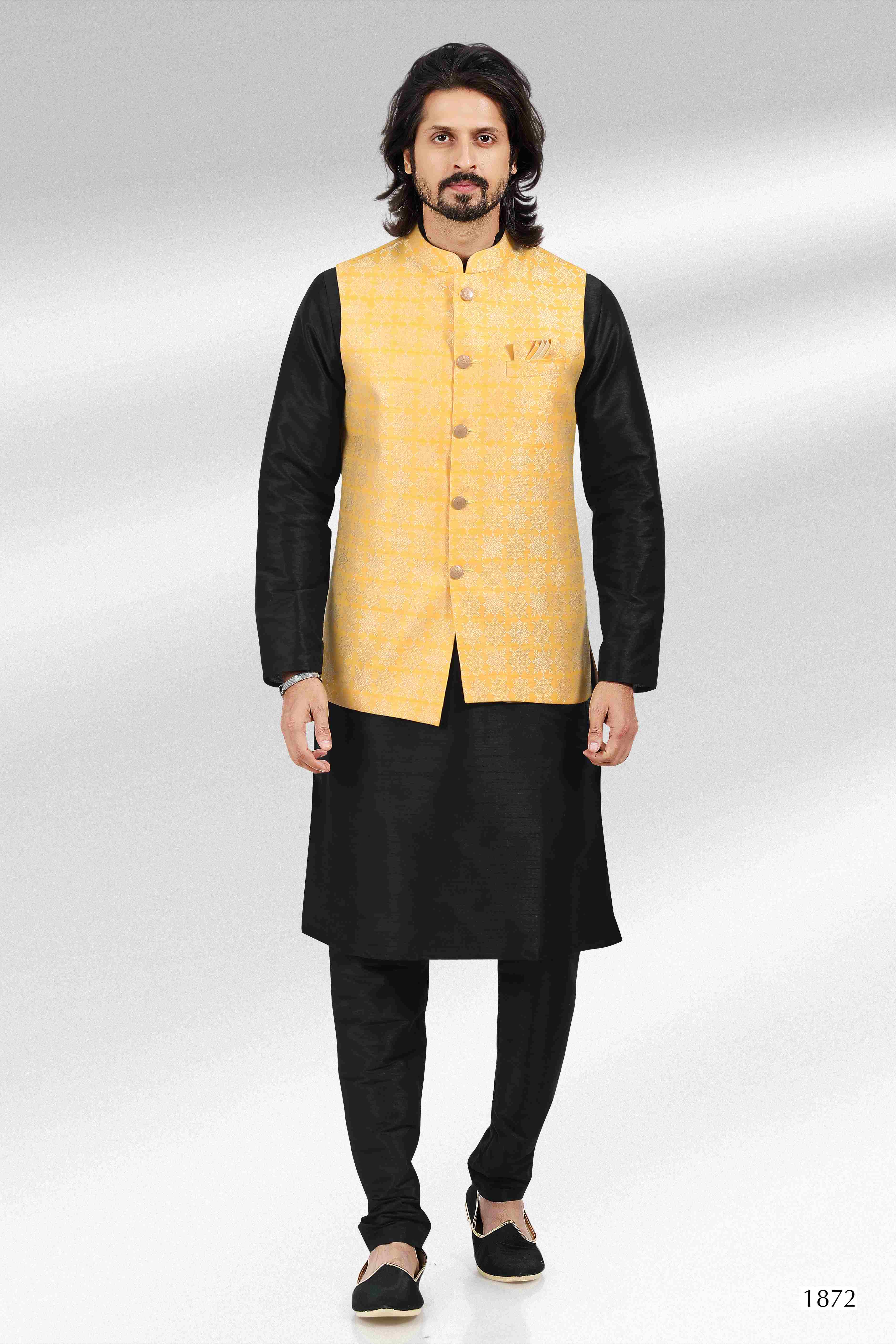 Raivat Ethnic Jacquard Banarasi Silk Woven Work 3 Pics Jacket Set In Yellow Colour