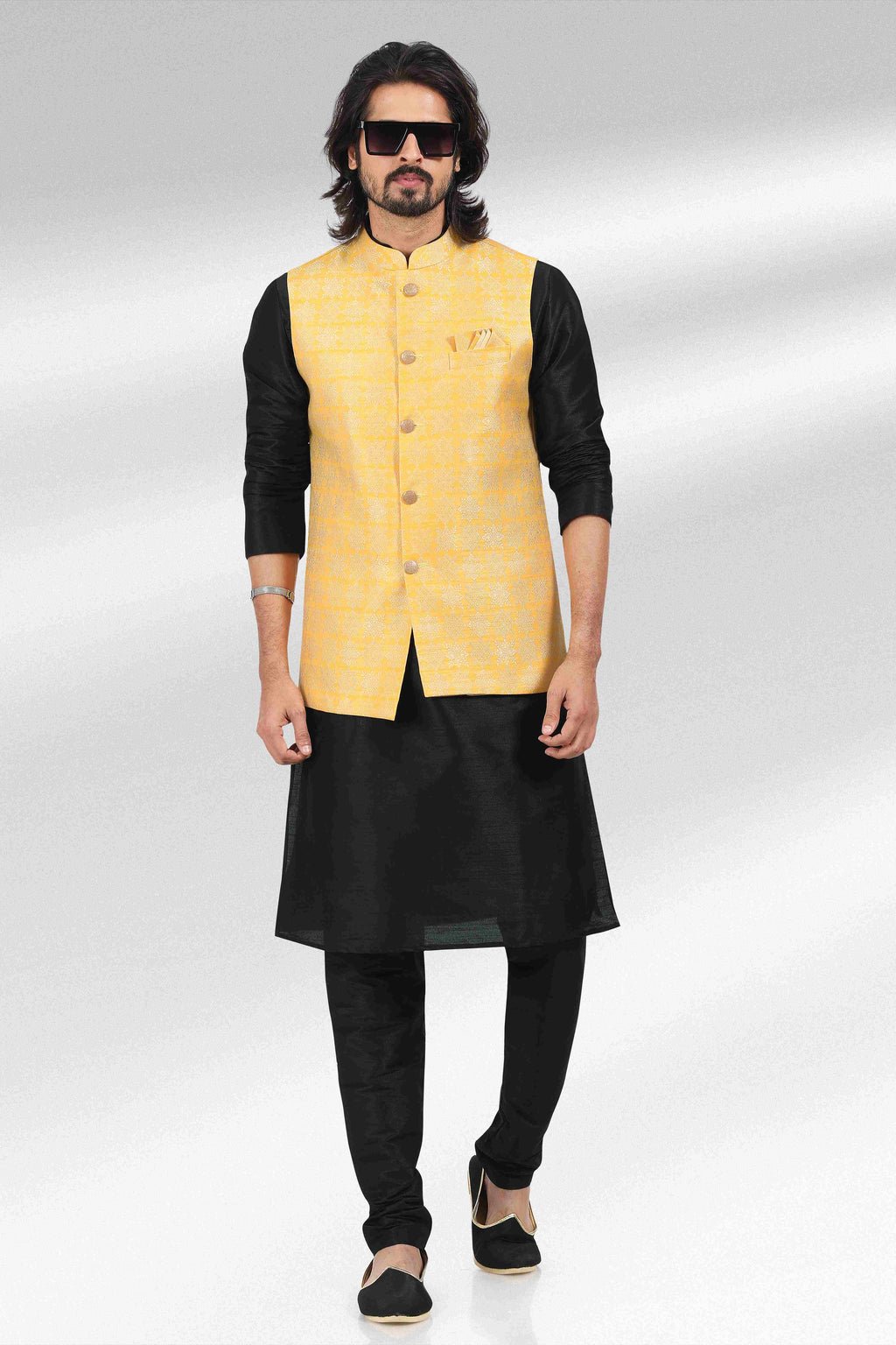 Raivat Ethnic Jacquard Banarasi Silk Woven Work 3 Pics Jacket Set In Yellow Colour