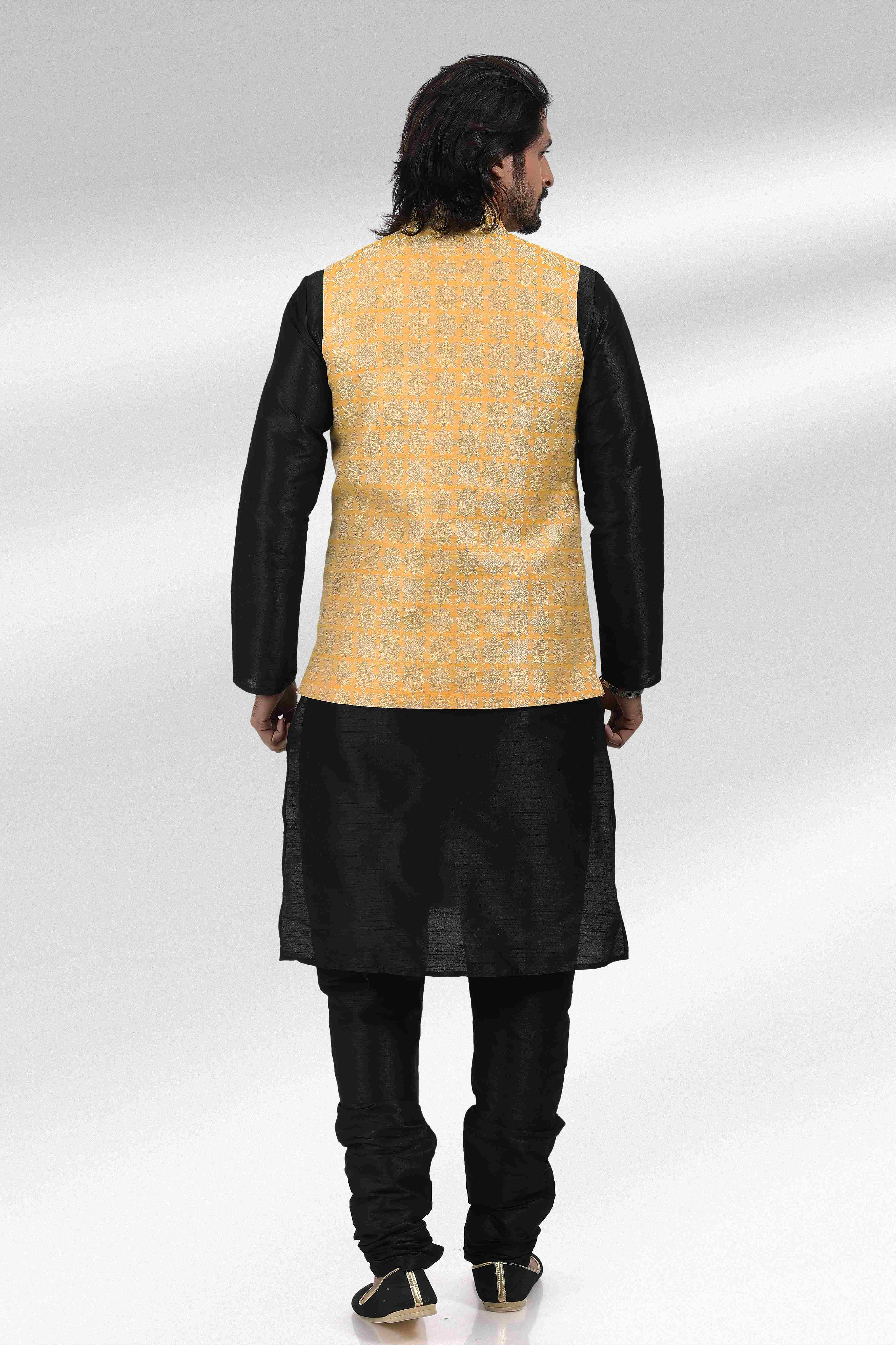 Raivat Ethnic Jacquard Banarasi Silk Woven Work 3 Pics Jacket Set In Yellow Colour