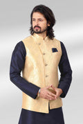 Raivat Ethnic Jacquard Banarasi Silk Woven Work 3 Pics Jacket Set In Gold Colour