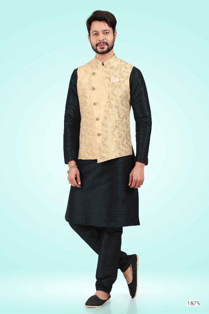 Raivat Ethnic Jacquard Banarasi Silk Woven Work 3 Pics Jacket Set In Gold Colour