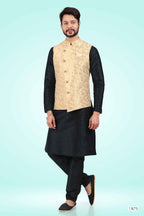 Raivat Ethnic Jacquard Banarasi Silk Woven Work 3 Pics Jacket Set In Gold Colour