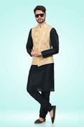 Raivat Ethnic Jacquard Banarasi Silk Woven Work 3 Pics Jacket Set In Gold Colour