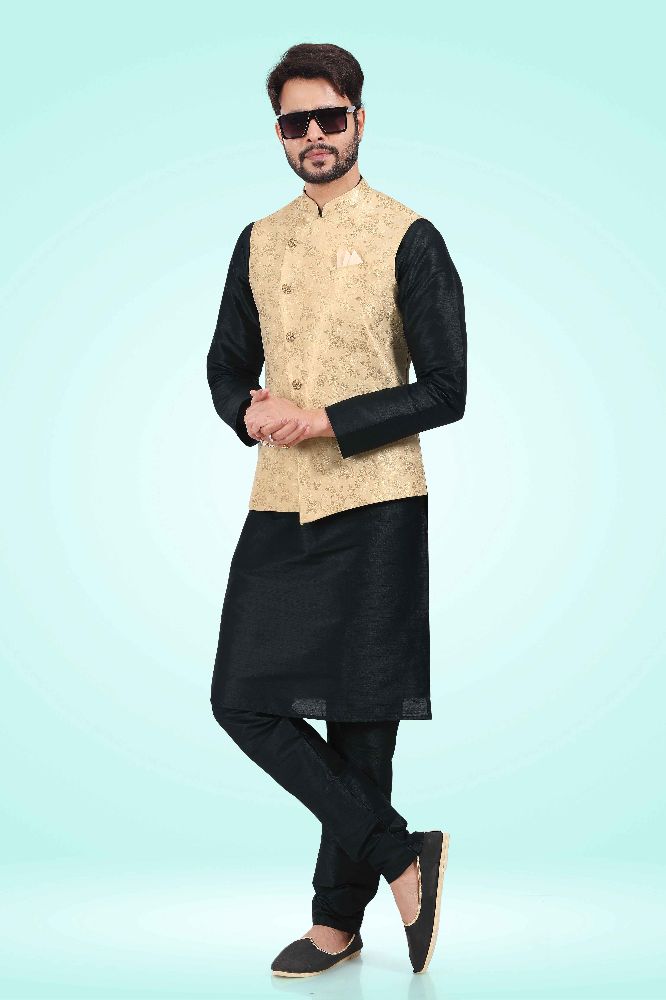 Raivat Ethnic Jacquard Banarasi Silk Woven Work 3 Pics Jacket Set In Gold Colour