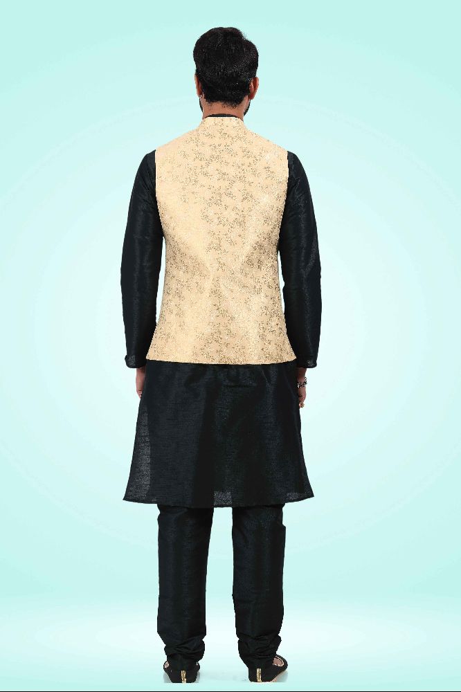 Raivat Ethnic Jacquard Banarasi Silk Woven Work 3 Pics Jacket Set In Gold Colour