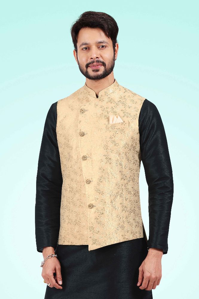 Raivat Ethnic Jacquard Banarasi Silk Woven Work 3 Pics Jacket Set In Gold Colour