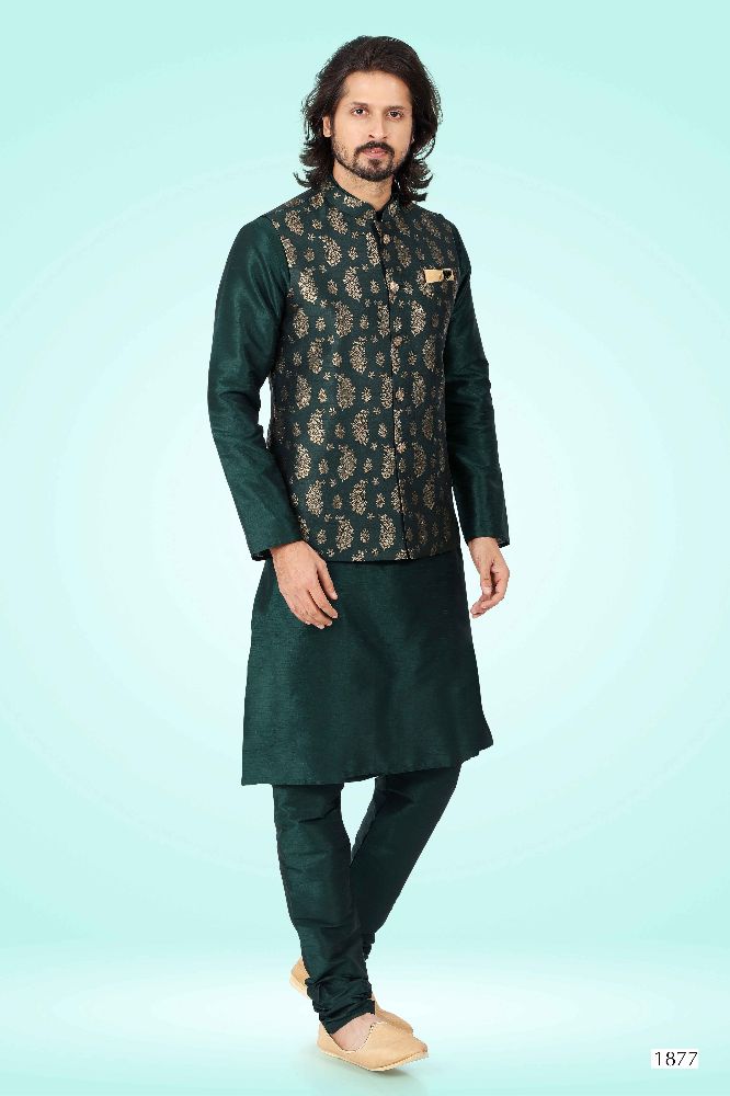 Raivat Ethnic Jacquard Banarasi Silk Woven Work 3 Pics Jacket Set In Green Colour