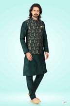 Raivat Ethnic Jacquard Banarasi Silk Woven Work 3 Pics Jacket Set In Green Colour