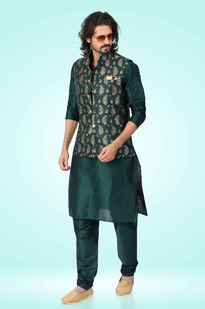 Raivat Ethnic Jacquard Banarasi Silk Woven Work 3 Pics Jacket Set In Green Colour