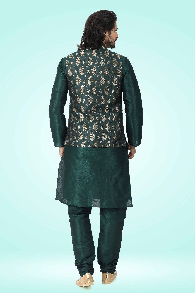 Raivat Ethnic Jacquard Banarasi Silk Woven Work 3 Pics Jacket Set In Green Colour