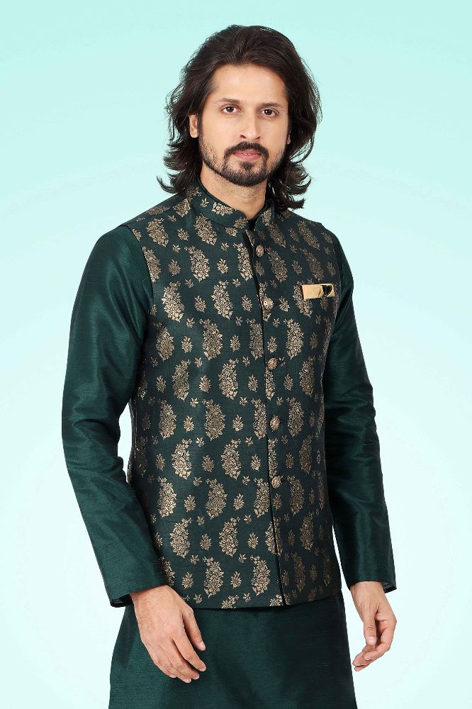 Raivat Ethnic Jacquard Banarasi Silk Woven Work 3 Pics Jacket Set In Green Colour