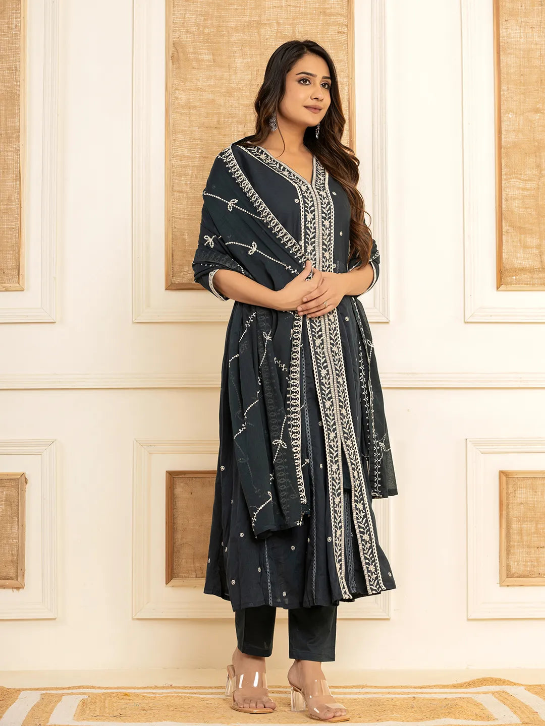 Yufta Navy Blue Cotton Embroidered Kurta Set With Dupatta