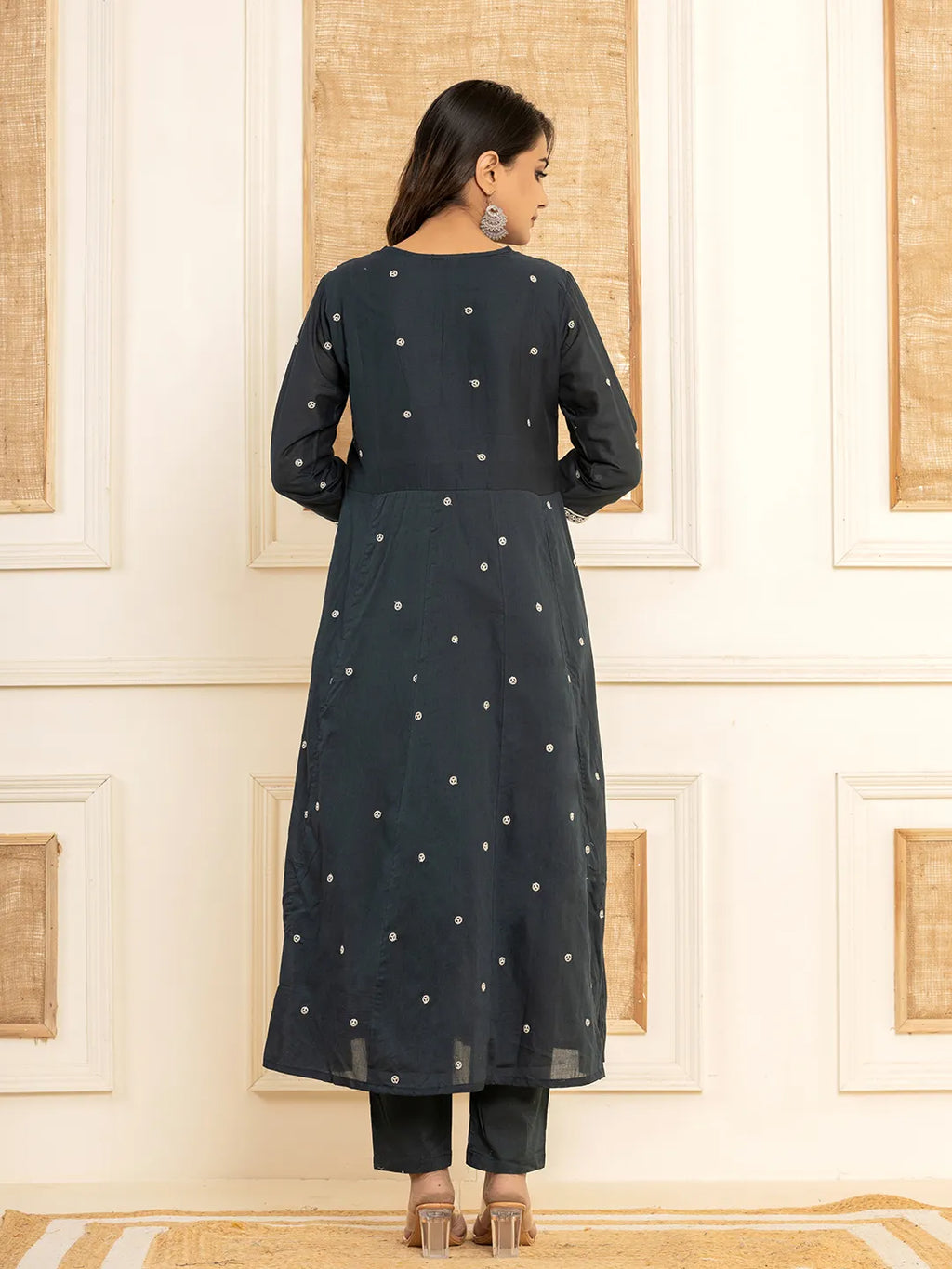 Yufta Navy Blue Cotton Embroidered Kurta Set With Dupatta