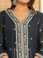 Yufta Navy Blue Cotton Embroidered Kurta Set With Dupatta