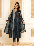 Yufta Navy Blue Cotton Embroidered Kurta Set With Dupatta