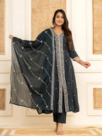 Yufta Navy Blue Cotton Embroidered Kurta Set With Dupatta