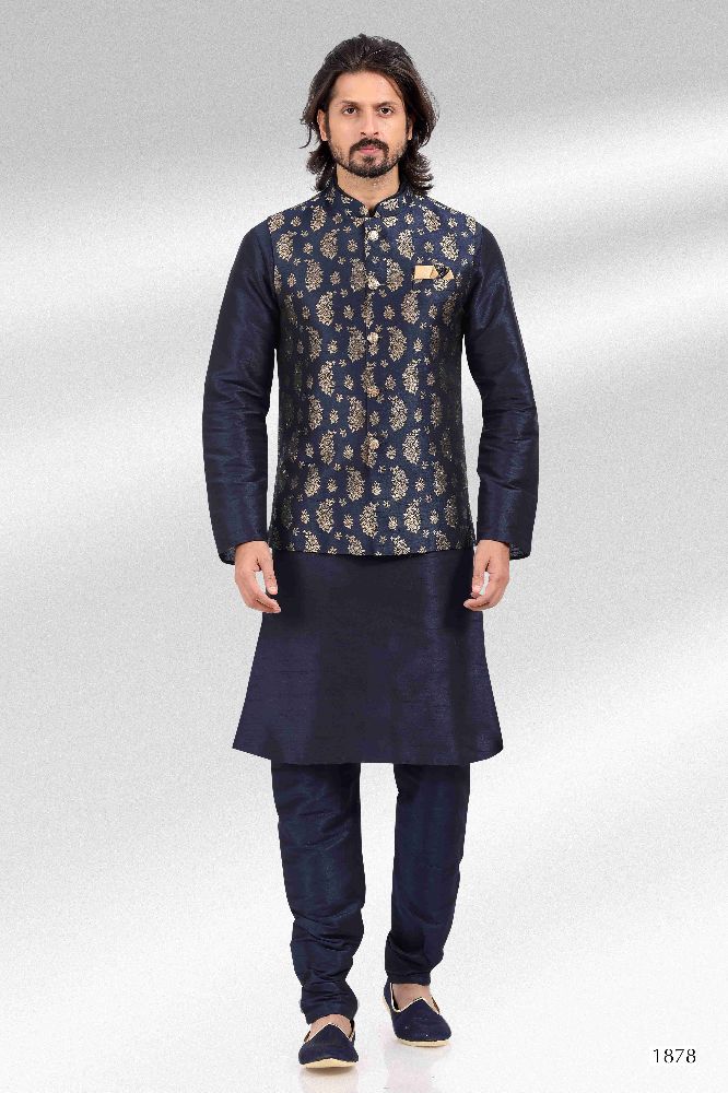Raivat Ethnic Jacquard Banarasi Silk Woven Work 3 Pics Jacket Set In Blue Colour