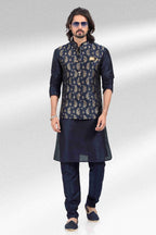 Raivat Ethnic Jacquard Banarasi Silk Woven Work 3 Pics Jacket Set In Blue Colour
