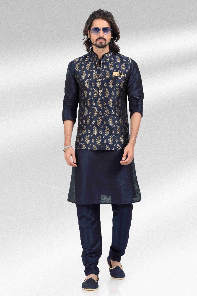 Raivat Ethnic Jacquard Banarasi Silk Woven Work 3 Pics Jacket Set In Blue Colour
