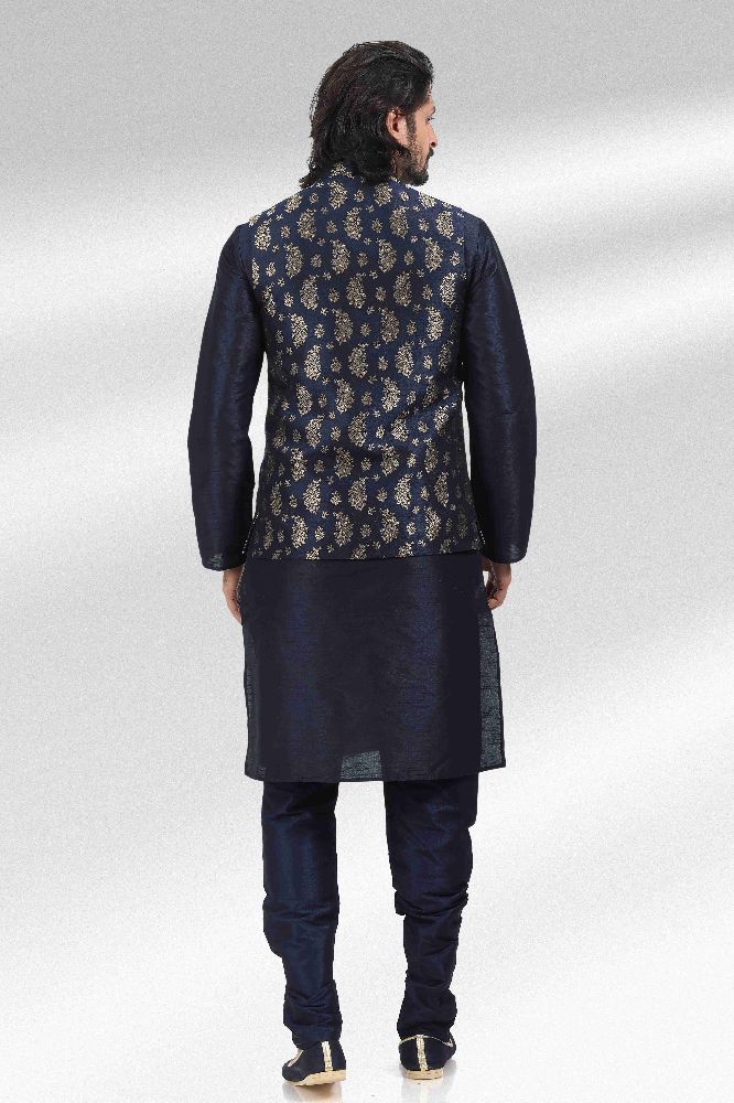 Raivat Ethnic Jacquard Banarasi Silk Woven Work 3 Pics Jacket Set In Blue Colour