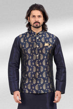 Raivat Ethnic Jacquard Banarasi Silk Woven Work 3 Pics Jacket Set In Blue Colour