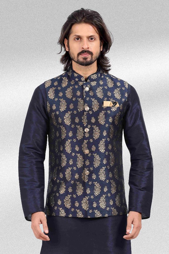 Raivat Ethnic Jacquard Banarasi Silk Woven Work 3 Pics Jacket Set In Blue Colour