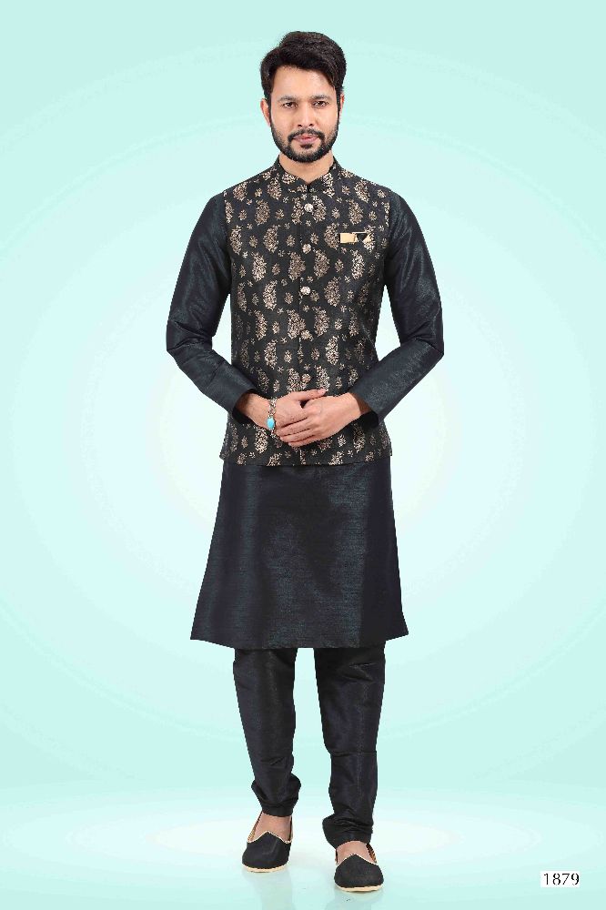 Raivat Ethnic Jacquard Banarasi Silk Woven Work 3 Pics Jacket Set In Black Colour