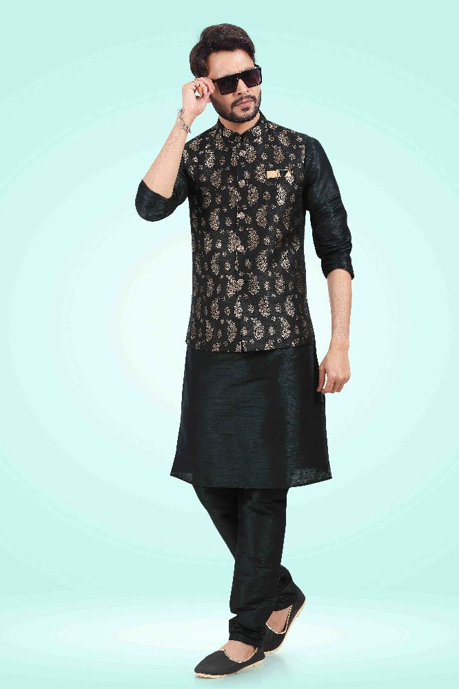 Raivat Ethnic Jacquard Banarasi Silk Woven Work 3 Pics Jacket Set In Black Colour