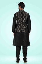 Raivat Ethnic Jacquard Banarasi Silk Woven Work 3 Pics Jacket Set In Black Colour