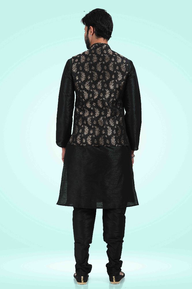 Raivat Ethnic Jacquard Banarasi Silk Woven Work 3 Pics Jacket Set In Black Colour