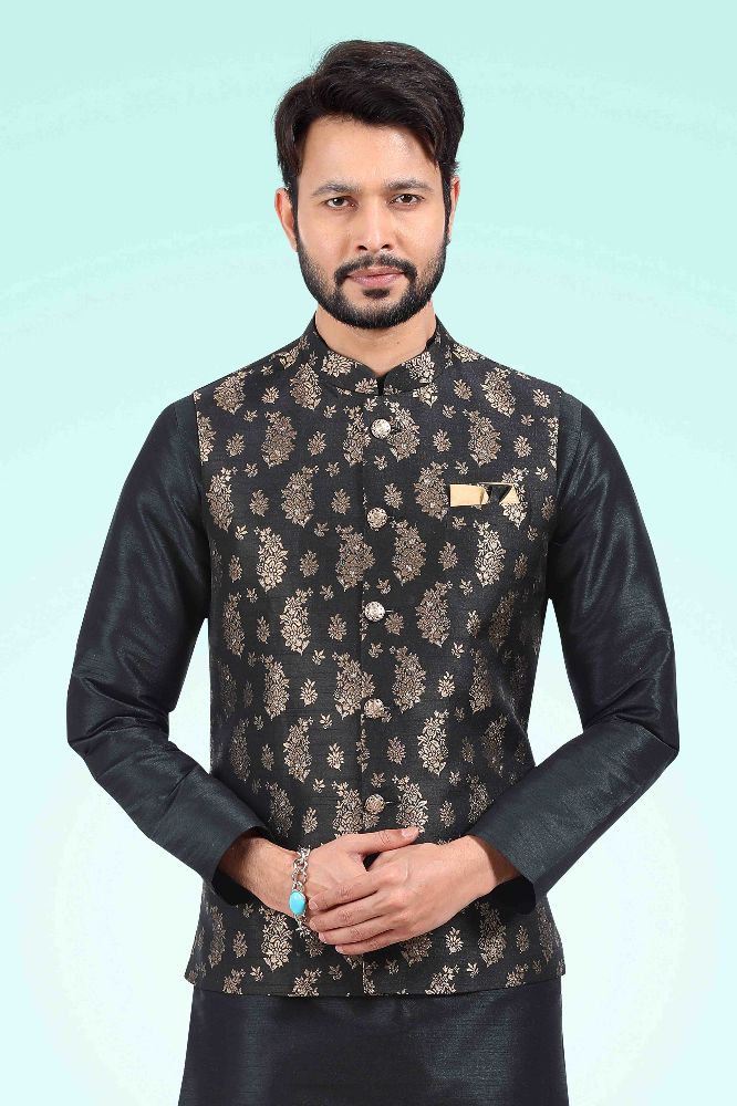 Raivat Ethnic Jacquard Banarasi Silk Woven Work 3 Pics Jacket Set In Black Colour