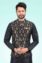 Raivat Ethnic Jacquard Banarasi Silk Woven Work 3 Pics Jacket Set In Black Colour