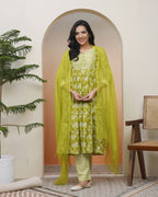 Vaasva Women Green Cotton Kurta With Cotton Pant & Dupatta