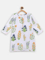Ahalyaa White Cotton Straight Floral Printed Kids Kurta Pant Sets With Dupatta For Girls
