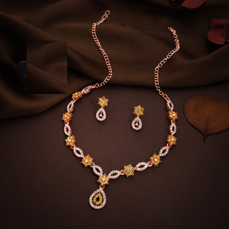 Tehzeeb Creations Elegant Yellow Polished American Diamond (Ad) Studded Necklace And Earring Set For Women