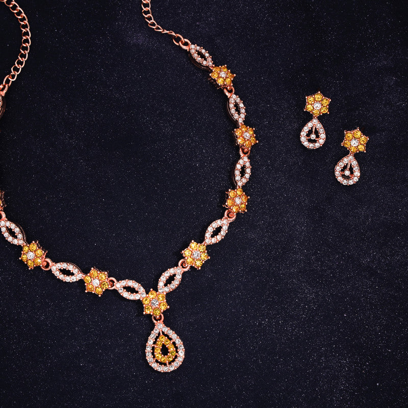 Tehzeeb Creations Elegant Yellow Polished American Diamond (Ad) Studded Necklace And Earring Set For Women