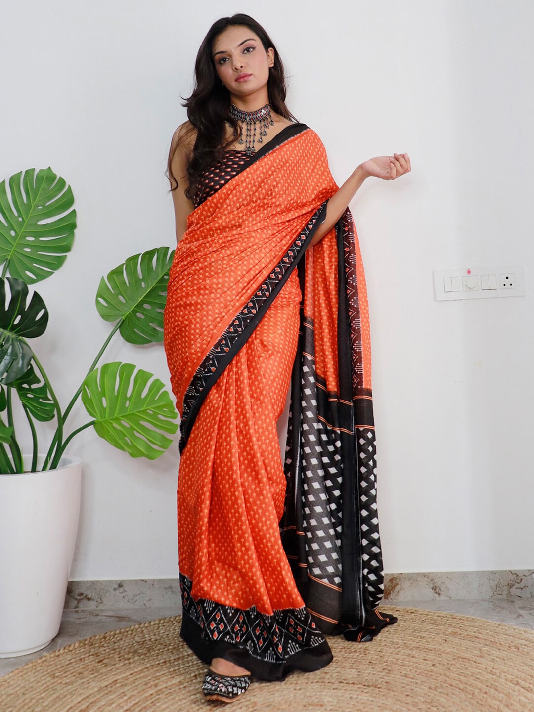 Saree Mall Orange & Black Ethnic Motifs Printed Pure Cotton Sarees - Distacart